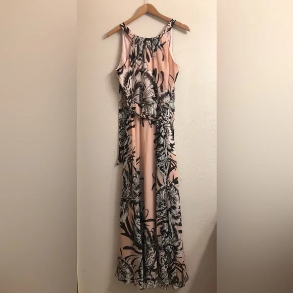 ✨ELIZA J FLORAL CHIFFON SLEEVELESS MAXI PROM DRESS SIZE 8 COLOR: BLUSH🌸 - Picture 2 of 11